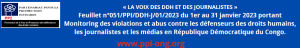 Lire la suite à propos de l’article Feuillet n°051_DDH-J_du 1er au 31 janvier 2023 portant violations contre les DDH et les journalistes en RDC